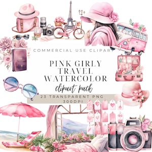 Roze reisillustraties | Reisclipart | Commercieel gebruik | 23 transparant png-bestand 300 dpi | Digitale download | Vrouwelijk reizen png