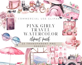 Pink Travel Clip Art | Travel Clipart | Commercial Use | 23 Transparent Png 300 Dpi | Digital Download | Feminine Travel Png