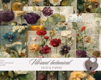 Vintage botanisches digitales Papier-Bundle | 37 hochauflösende JPG-Hintergründe | Scrapbook Papier | Junk Journal Papier | Kommerzielle Nutzung