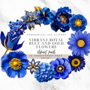 Royal Blue & Gold Floral Clipart: Vintage Wedding Flowers (Digital Download)