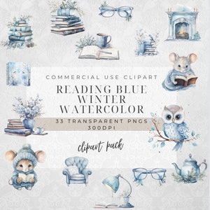 Lesen Clipart | Winter Clipart | Bücher | Schnee | Kommerzielle Nutzung | Scrapbooking | Junk Journal | Bücher Clipart | Blau Ästhetische Clipart
