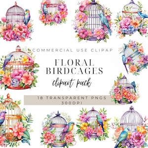 18 floral birdcage PNG 300 DPI Clipart | Commercial Use | Watercolor Birdcage Clipart | Rustic Digital Download | Paper Craft | Junk Journal