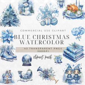 Blue Christmas Watercolor Clipart: Holiday PNG Bundle (Digital Download)