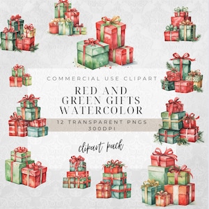 Red and Green Gifts Christmas Clipart | Christmas Png | Holiday Clipart | Instant Download | Watercolor clipart