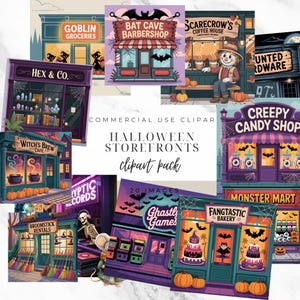 Halloween Storefront Clipart: 20 Spooky Shop PNG Graphics (Digital Download)