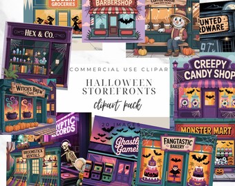 Halloween Storefront Clipart: 20 Spooky Shop PNG Grafiken (Digitaler Download)