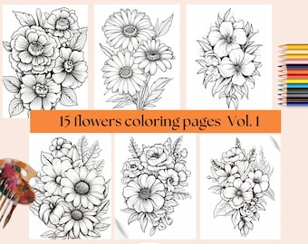 Floral Coloring Pages: 15 Grayscale Flower Designs (Digital Download)