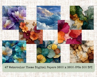 47 hochauflösende Aquarellhintergründe | Künstlerische Farbverläufe | Druckbare digitale Papiere | JPG-Download