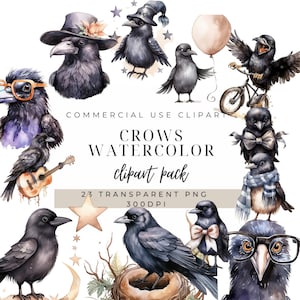 Crow Watercolor Clipart: Bird PNG Set for Scrapbooking (Digital Download)
