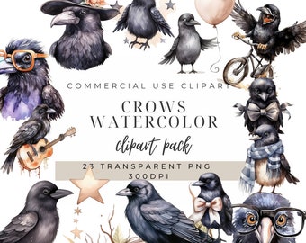 Crow Watercolor Clipart: Bird PNG Set for Scrapbooking (Digital Download)