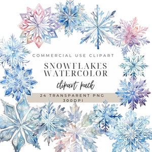 Watercolor Snowflake Clipart: 24 Winter PNG Images (Commercial Use)