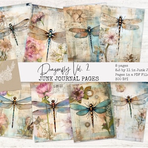 8 Dragonfly Junk Journal Pages Vol. 2 | Digital Download | Junk Journal | Printable Dragonflies | Junk Journal Paper | Vintage Ephemera