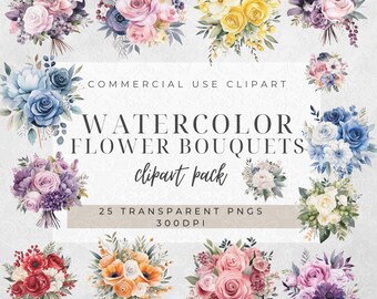 Watercolor Flower Bouquet Clipart: 25 Floral PNGs (Digital Download)