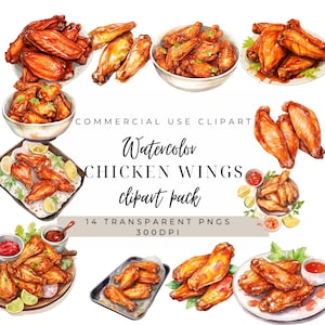 14 ailes de poulet PNG 300 DPI Clipart | Utilisation commerciale | Graphiques alimentaires | Aquarelle d'ailes de poulet | Créations en papier | Journal indésirable