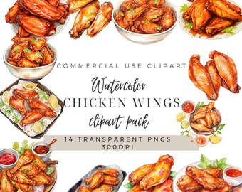 May include: Watercolor clipart pack of 14 transparent PNGs of chicken wings. The wings are glazed and arranged in bowls, plates, and trays with garnishes like lemons, limes, and parsley. The text "COMMERCIAL USE CLIPART Watercolor CHICKEN WINGS clipart pack 14 TRANSPARENT PNGS 300DPI" is displayed on a grey background.