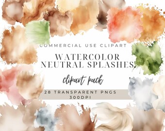 May include: A set of 28 watercolor clipart splashes in neutral colors. The colors include shades of brown, beige, peach, green, and gray. The clipart is 300 DPI and comes in transparent PNG format.  COMMERCIAL USE CLIPART WATERCOLOR NEUTRAL SPLASHES clipart pack 28 TRANSPARENT PNGS 300DPI