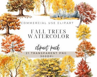 Watercolor Fall Tree Clipart: Autumn Forest Scenery (PNG, 300 DPI)