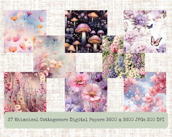 37 Aquarell-Hintergründe im Cottagecore-Stil | Digitale Papiere mit floralen Motiven | Scrapbook-Papier mit Feengarten-Motiv | Bastelbedarf