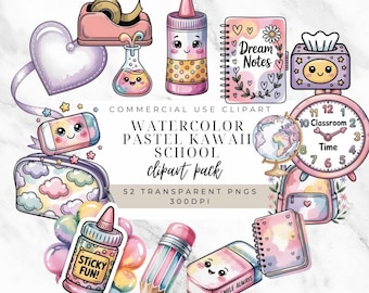 Pastel Kawaii School Clipart, Watercolor PNG Bundle (Commercial Use)