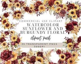 Watercolor Sunflower Clipart: Burgundy Floral PNG Images (35 Transparent Files)