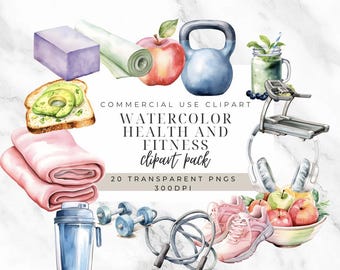Watercolor Fitness Clipart Set: Health & Wellness Graphics (Digital Images)