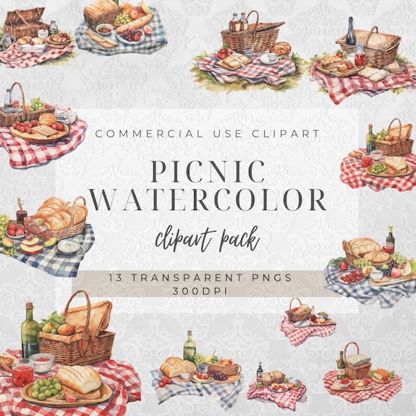 Picnic Spring Clipart | Commercial Use | Summer Clipart | Watercolor Picnic Clipart | Free Time | Romantic Picnic | Digital Download