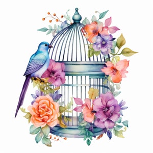 10 Floral Bird Cage JPG 300 DPI Clipart Vol 1 | Commercial Use | Instant Download | Watercolor Birdcage | Birds Clipart | Digital JPG