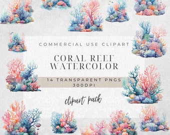 Watercolor Coral Reef Clipart: 14 PNG Nautical Illustrations (Digital Download)