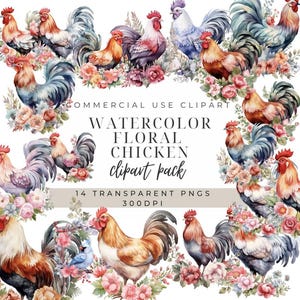 Watercolor Floral Chicken Clipart: Farm Animal PNG (Commercial Use)