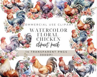 Watercolor Floral Chicken Clipart: Farm Animal PNG (Commercial Use)