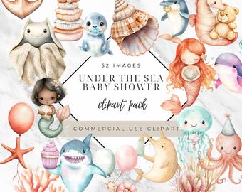 52 Watercolor Clipart Under the Sea Baby Shower Theme