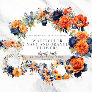 Clipart floral azul marino y naranja - Invitaciones de boda únicas - ClipArt floral - Suministros de manualidades para hacer uno mismo - PNG de flores azul marino - Ramo floral