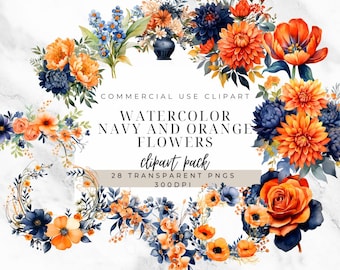 Watercolor Floral Clipart: Navy Blue & Orange Flower PNGs (28 Images)