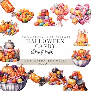 Puede incluir: Un conjunto de 24 imágenes de clipart de caramelos de Halloween en formato PNG, 300 DPI. Las imágenes presentan varios tipos de caramelos, incluyendo piruletas, caramelos envueltos y maíz dulce, así como calabazas y otros elementos con temática de Halloween. Las imágenes son perfectas para crear manualidades, decoraciones e invitaciones con temática de Halloween.
