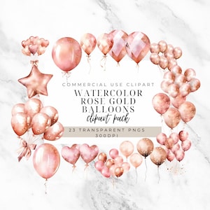 Watercolor Rose Gold Balloons - Birthday Party Clipart - Pink Gold Decor - Digital Download - Balloon Clipart