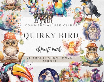 Skurrile Vögel Clipart: Aquarell PNG Sammlung (Digitaler Download)