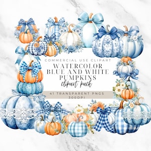Blue White Pumpkin Clipart - Watercolor Fall Decor - Autumn Thanksgiving - Digital Download | Floral Blue Pumpkin Clipart | Transparent PNG