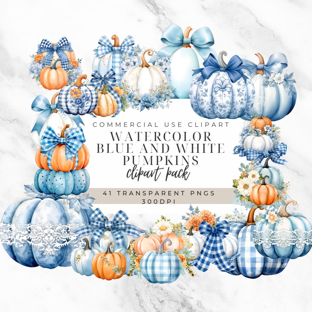 Blue White Pumpkin Clipart - Watercolor Fall Decor - Autumn Thanksgiving - Digital Download | Floral Blue Pumpkin Clipart | Transparent PNG