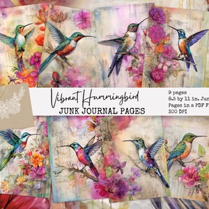 9 Vibrant Hummingbird Junk Journal Pages | Digital Download | Printable Scrapbooking | Journal Paper | Vintage Ephemera | Bird