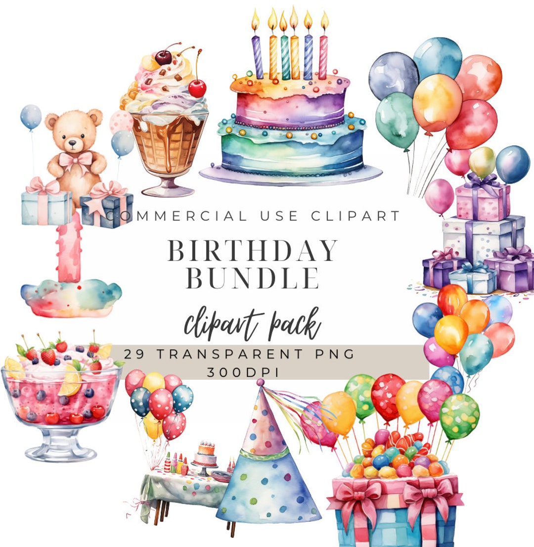 Watercolor Birthday Clipart: Cake, Balloons, Gifts (PNG, Commercial Use ...