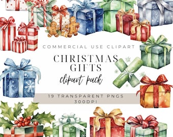 Christmas Clip Art | Gift Box Png | Png. Watercolor Clipart. Free Commercial Use. | Christmas Gifts Clipart | Christmas Present Boxes Images