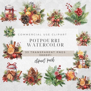 Op de afbeelding: Een set van 33 aquarel clipart-afbeeldingen met winterse vakantie-elementen, waaronder dennenappels, kaneelstokjes, sinaasappels, bessen en groen. De afbeeldingen zijn perfect om feestelijke ontwerpen te maken voor kaarten, uitnodigingen en andere projecten.