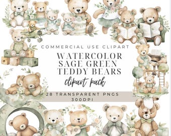 May include: A set of 28 watercolor clipart images of sage green teddy bears in various poses. The bears are playing music, reading books, and playing with toys. The clipart is perfect for creating invitations, cards, and other crafts.