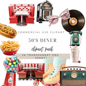 50S Clipart |  Diner Clipart | 50s Diner Graphics | Diner Images | Vintage Png Elements | Roller Skate PNG | Record PN | Diner Food