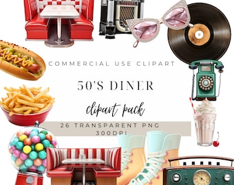 50s Diner Clipart: Vintage PNG Graphics (300 DPI)