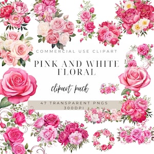 Clipart floral rose fuchsia | Clipart mariage | Rose et blanc numérique | Fleur rose | Fleurs Fuchsia | Roses et pivoines | Utilisation commerciale