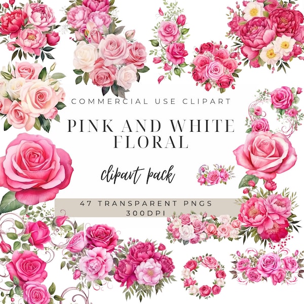 Hot Pink Floral Clipart | Wedding Clipart | Pink and White Digital | Pink Flower | Fuchsia Flowers | Roses and Peonies | Commercial Use