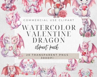 May include: A set of 20 watercolour illustrations of Valentine's Day dragons. The dragons are pink, purple, and white and are holding hearts and flowers. The illustrations are perfect for creating cards, invitations, and other crafts.
