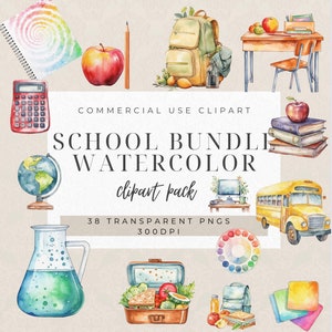 Back To School | School Clipart | Watercolor Clipart | School Png | Personal Commercial Use | School Bus Clipart