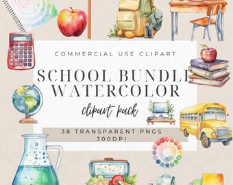 Watercolor School Clipart Set: Back to School PNG Graphics (Digital Download)